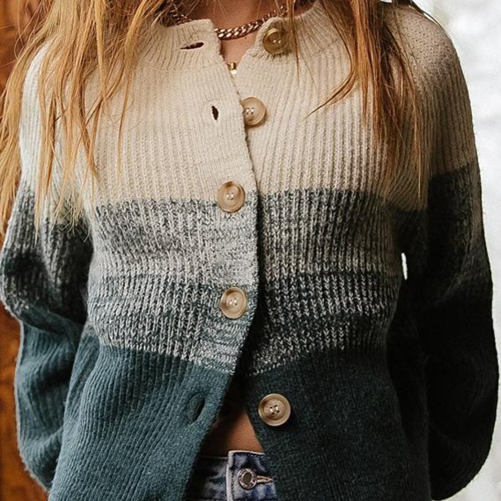 Ombre Colorblock Cream & Teal Cardigan Sweater - Vero Moda Size Large NWOT